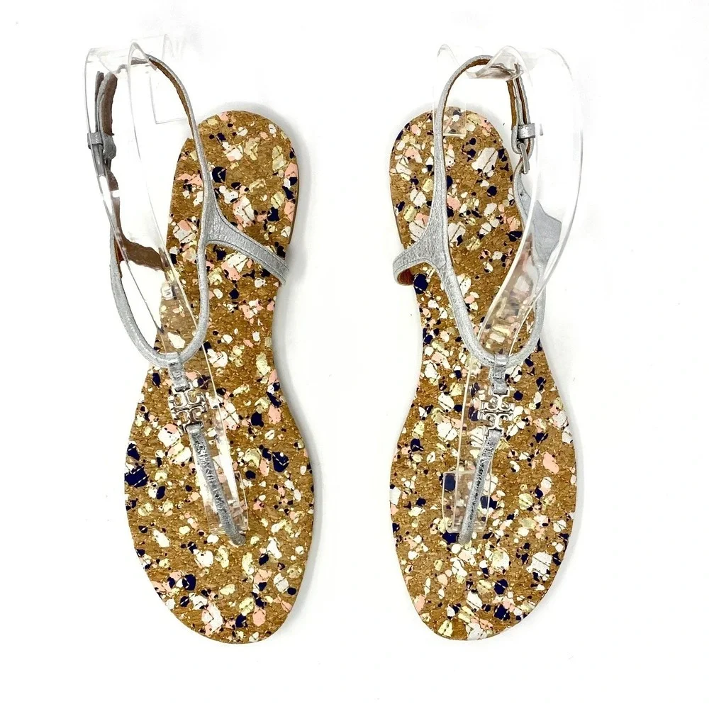 Tory Burch Silver Metallic Leather Cork Splatter Logo Thong Sandals Womens 7.5